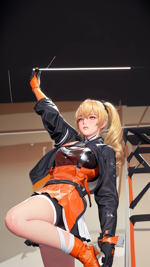 (（（figure，御姐figure,White and tender skin,（（（FenNib , long_sleeves_skirt, red_single_thighhigh, thigh_holster, elbow_gloves, strap, ）））,(（（twintails, Blonde_hair, orange_eyes,））),，((masterpiece)), highres icon,((Best quality at best)),masterpiece,quality,Best quality,(（（  looking at the audience， is open to the audience,Light in the eyes， blush，shy）））， huge ,Chiaroscuro, depth of field, cinematic lighting, motion blur, ray tracing, reflection light, drop shadow, speed lines）））