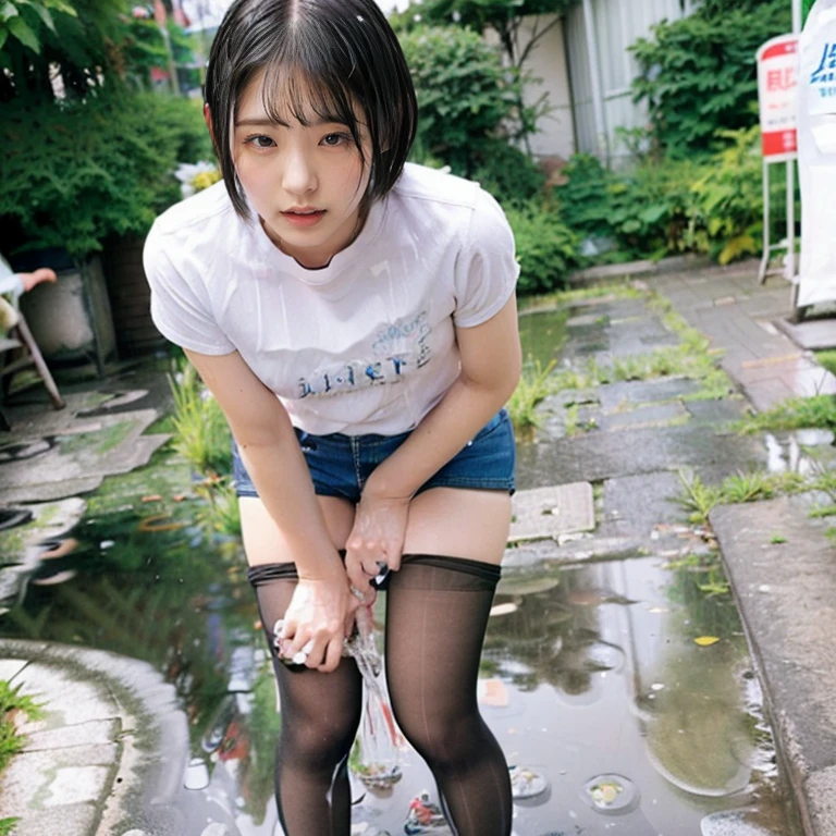 girl with full body tattoos、15 years old、beautiful girl、punk style girl、((heavy rain))、((Full body soaked))、sitting on the wet road、