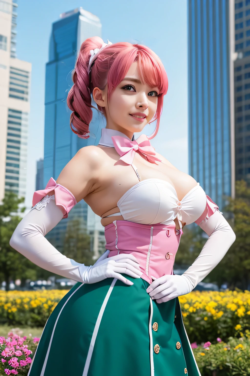 ( masterpiece ),  The best quality, ((( ultra detailed, 8K quality))),  expressive eyes ,  perfect face ,  perfect anatomy,neckline, perfect body , Very big breasts,Scene, haruka hanabishi, collections, ( green eyes:1.3),  Pink hair, smile,  garden, Wariza,  medium high , very large hips ,  big thighs , Gloves, dress, bow, magical girl, pink Gloves,In skyscrapers with your back showing your buttocks..