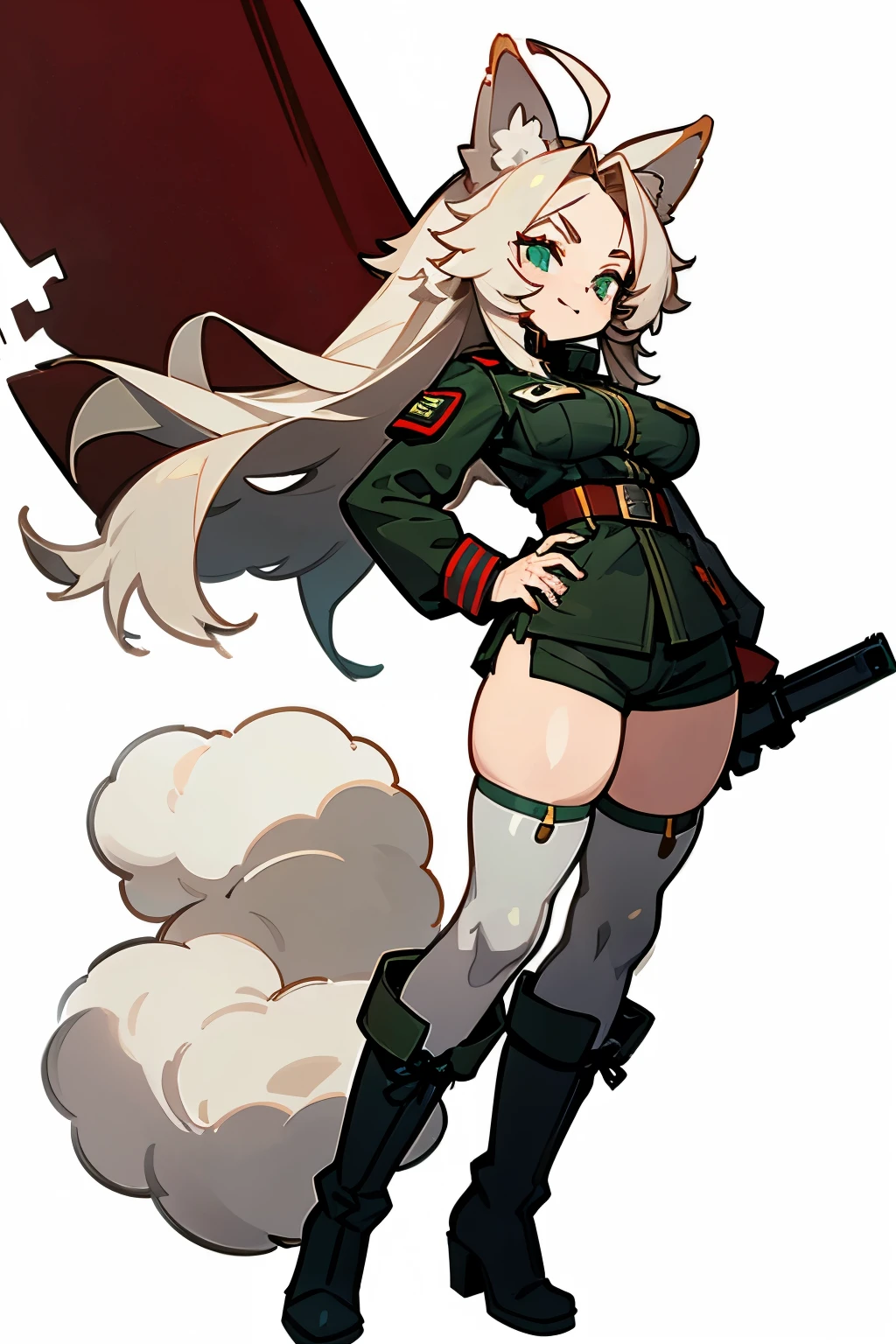 Girl with long spiky hair, cute girl, whiteish blonde long hair, floppy dog ears, cute dog, long boots, fluffy, fluffy spiky hair, Ahoge, Parted Bangs, Floating Hair, white background, reference sheet, great character design, professional character design, white background, happy girl, big breasts, dog girl furry, dog design, sneaky, sexy face, sexy eyes, mommy, mini shorts, thicc, long soldier boots, mini shorts, sexy, sexy design, military, military theme, soldier, soldier girl, soldier uniform, military uniform, commander, sexy furry girl, dog girl, standing still, military hat, military, guns, military theme, intimidating, intimidating pose, full body, long boots, short girl, big breasts, tiny waist, laughing, brat, brat pose, angry, big fluffy ears, fluffy, fluffy outfit, long boots, ripped thigh highs