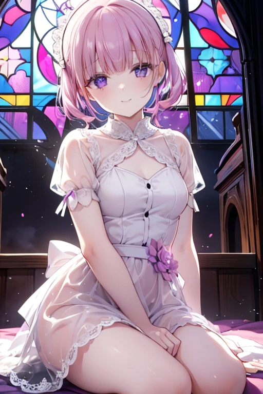 Perfect face. Perfect hands. A ite pink haired woman with violet eyes in a pretty lace gown is smiling while sitting in front of a stained glass window in an abandoned church
