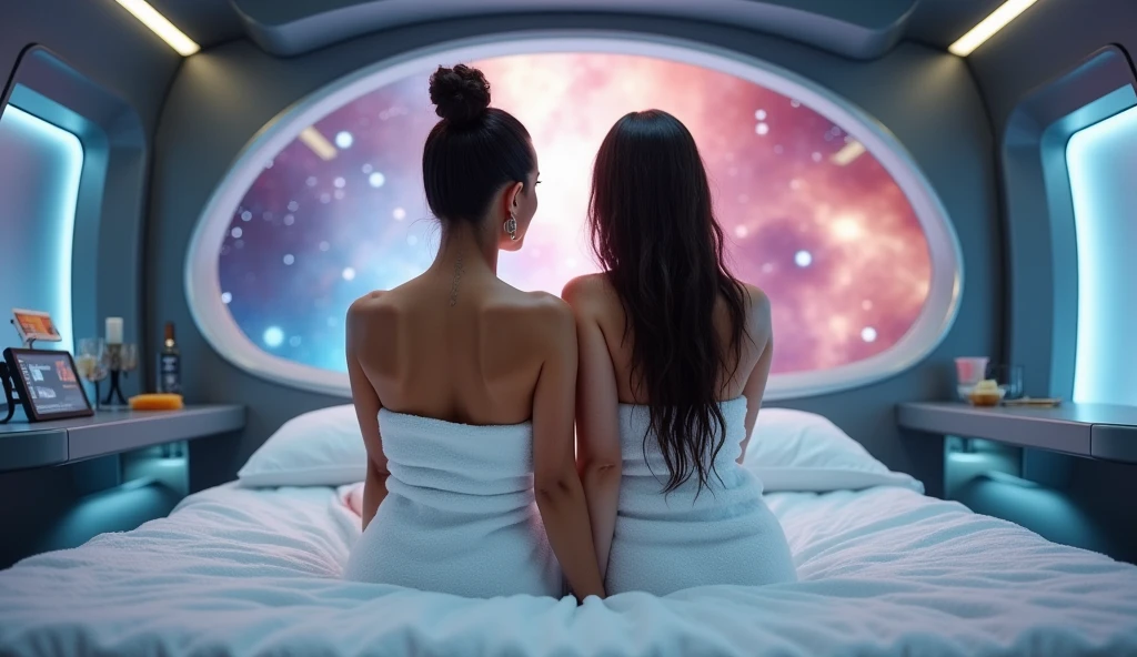 "Two Latina women with glowing, flawless skin, sitting side by side on a futuristic bed inside a luxurious spaceship cabin. Both are wrapped in soft white bath towels, one with her hair tied in a high bun and the other with her long hair cascading over her shoulders. The metallic room features geometric designs and soft ambient lights, with a panoramic window revealing a vibrant nebula outside."

