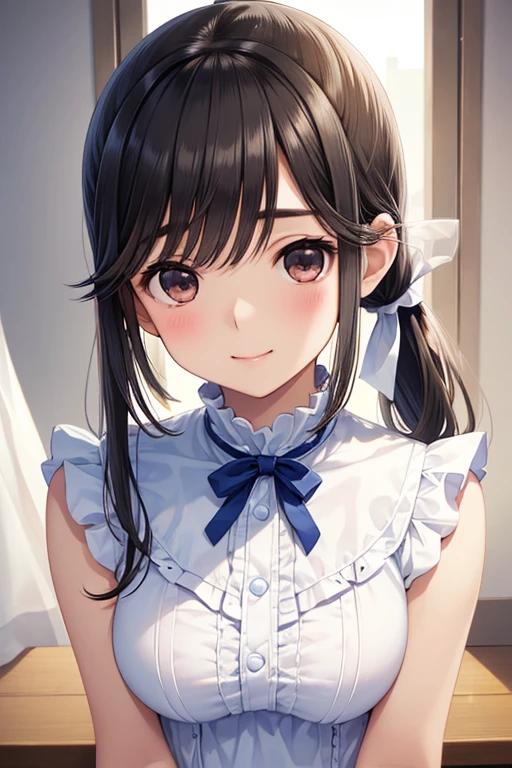 Takane Manaka、  shiny brown long hair、 ribbon ponytail、 Beautiful Brown Eyes 、smile、Sparkling Eyes, (fine grain)、 very detailed eyes、 very detailed face in light blue underwear,  very detailed eyes, masterpiece,  best quality,  high definition , ( best quality,masterpiece:1.2),Alone,Alone、 cowboy shot、nsfw、 


 very cute and beautiful girl,white summer dress with ruffles 、With delicate lace, upside down , white panties,
 beach ,Steep and distant cliffs,