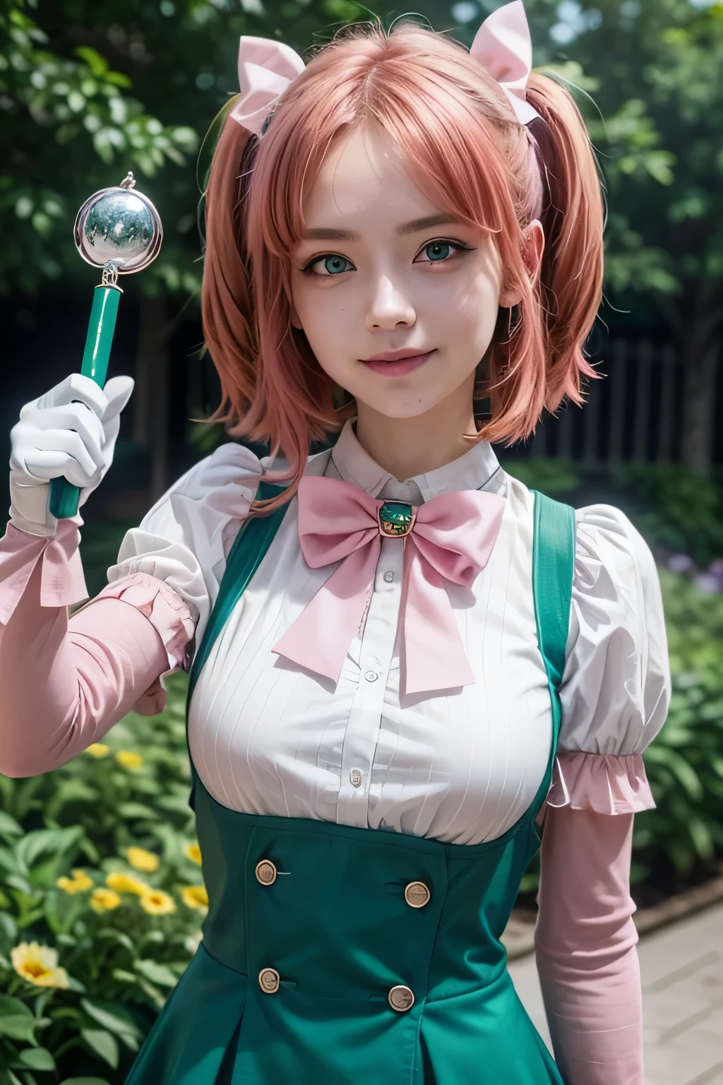 ( masterpiece ),  The best quality, ((( ultra detailed, 8K quality))),  expressive eyes ,  perfect face ,  perfect anatomy,  perfect body , Scene, haruka hanabishi, collections, ( green eyes:1.3),  Pink hair, smile,  garden, Wariza,  medium high , Gloves, dress, bow, magical girl, pink Gloves,