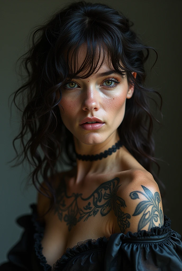 Goth girl waking up in bed, messy hair, black hair, soft skin, tattoos, smoking