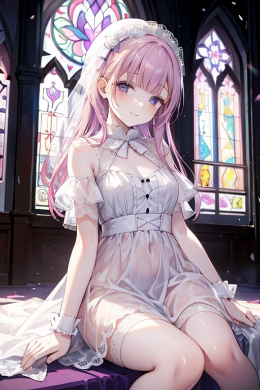 Perfect face. Perfect hands. A ite pink haired woman with violet eyes in a pretty lace gown is smiling while sitting in front of a stained glass window in an abandoned church