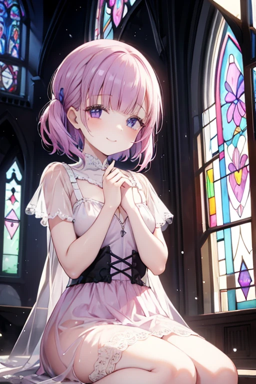 Perfect face. Perfect hands. A petite pink haired woman with violet eyes in a pretty lace gown is smiling while sitting in front of a stained glass window in an abandoned church