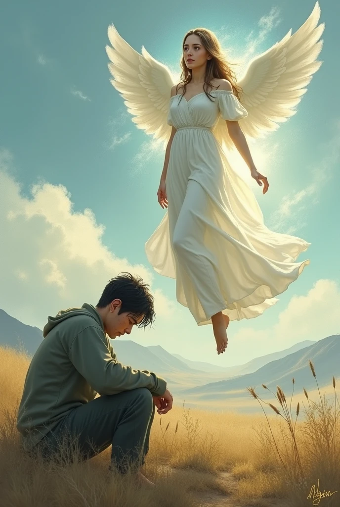 A girl like angel glowing and flying to the sky because of her death and a boy is crying holding his hand