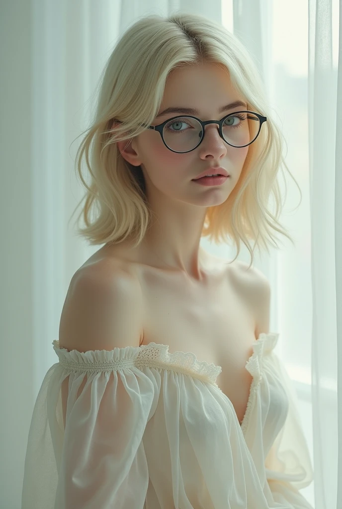 Masterpiece, a beautiful nerdy 30 year old Ukrainian woman, glasses, ultra short blonde hair, delicate face, prominent cheekbones, delicate features, pale skin, awkward, legs, ultra-short light transparent sundress, HD, (detailed skin texture:1.1), best quality, ultra high res, (photorealistic: 1.4), Raw photo, by Ellen von Unwerth, D850 Film Stock Photography, F1.6 Lens, Rich Colors, Realistic, Cinestill 800, backlight, rimlighting, sunlight, looking at the viewer