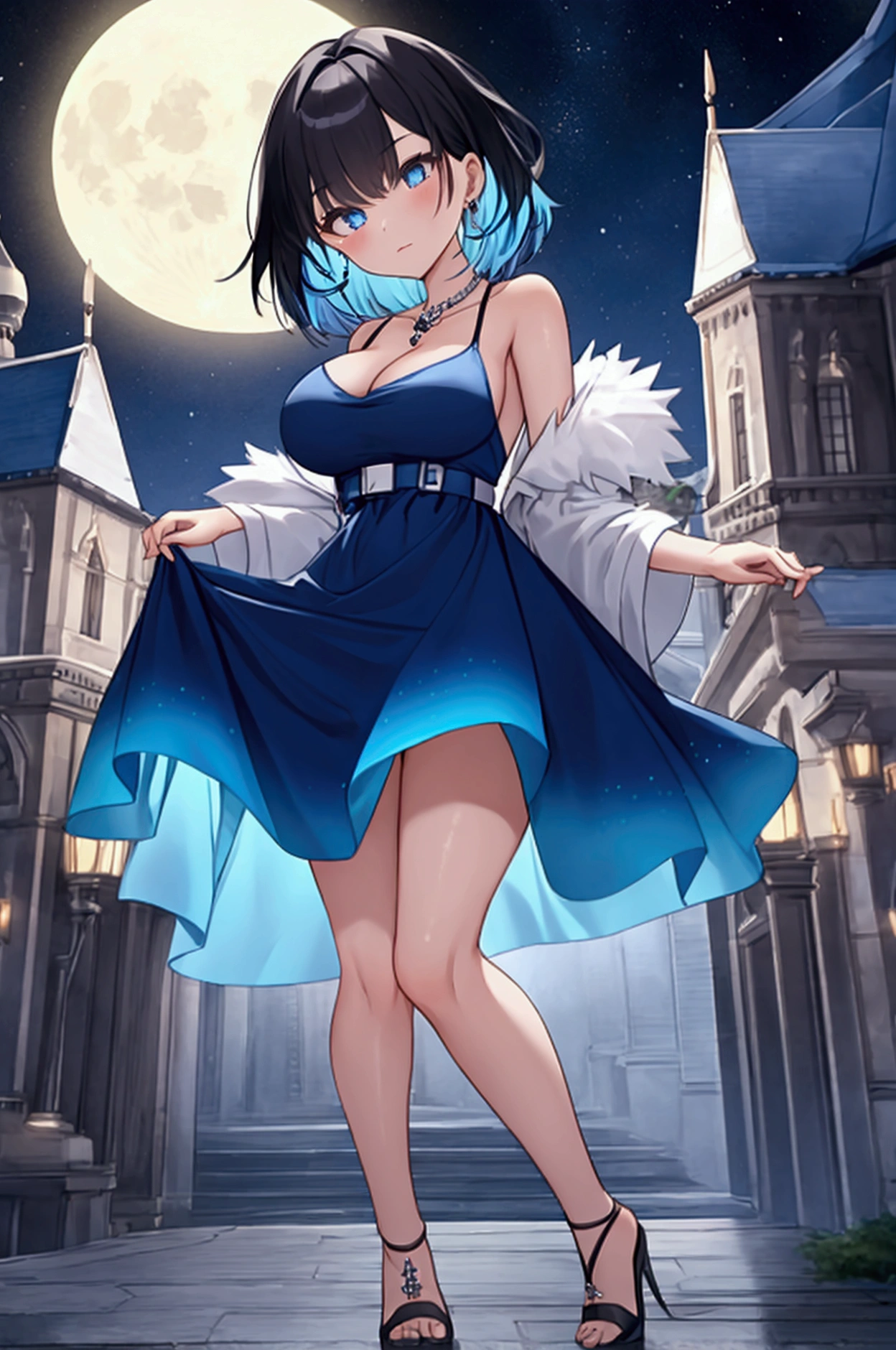 Full body image, night, ((1. Adult women)), alone, Adult women, Baby Face, masterpiece, 8K wallpaper, High resolution, Absurd, High Quality Backgrounds, Short Hair, Black Hair, Multicolored Hair, Big Breasts, Slim body, Beautiful frozen village, (Bright full moon), Blue Dress, Detailed dress, Jewelry mini Dress, (magic:1.2), blue fire, blue eyes, Glowing Eyes, Attention to detail