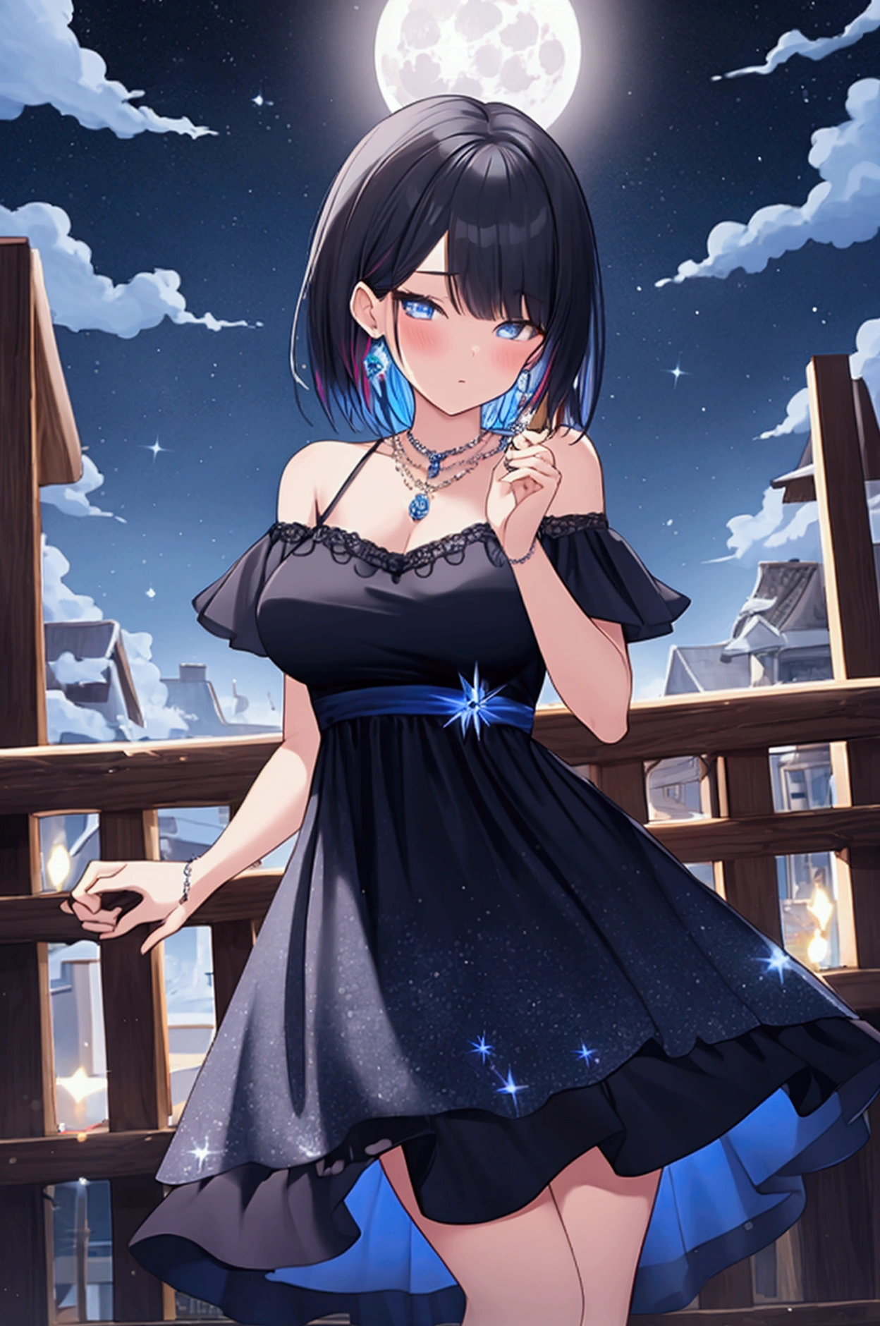 Full body image, night, ((1. Adult women)), alone, Adult women, Baby Face, masterpiece, 8K wallpaper, High resolution, Absurd, High Quality Backgrounds, Short Hair, Black Hair, Multicolored Hair, Big Breasts, Slim body, Beautiful frozen village, (Bright full moon), Blue Dress, Detailed dress, Jewelry mini Dress, (magic:1.2), blue fire, blue eyes, Glowing Eyes, Attention to detail