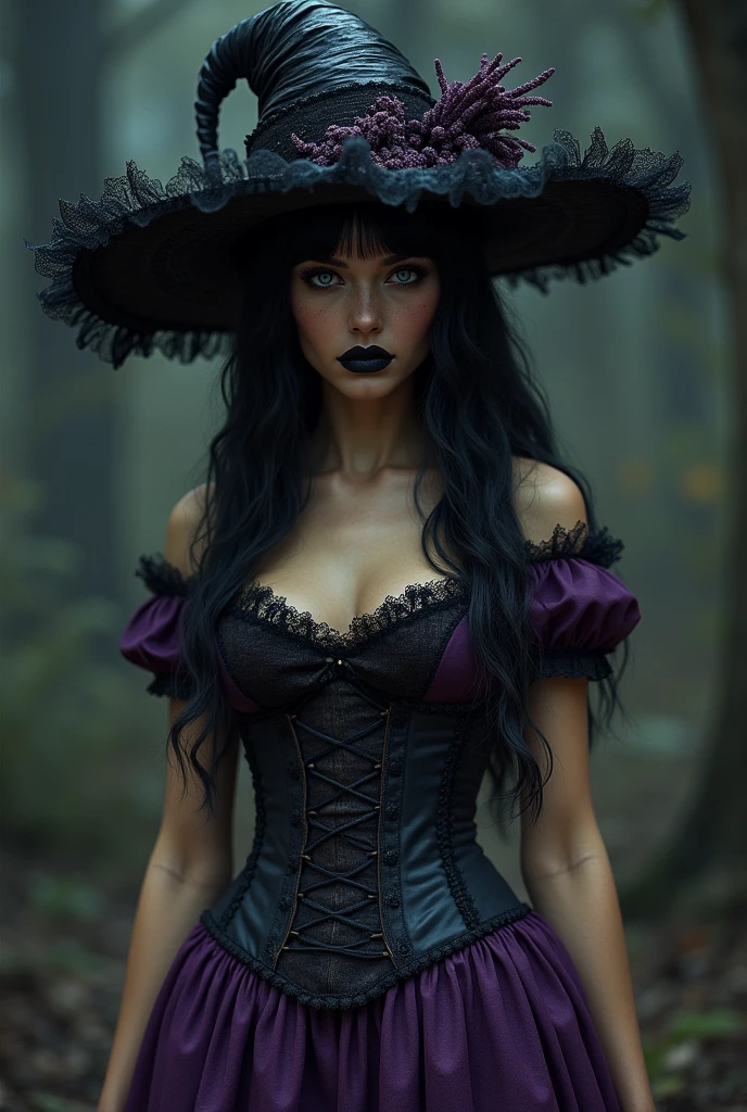 Panoramic Long Shot of a Beautiful Sexy and Beautiful Halloween Witch, con cabello negro lacio, fotorealista, fotorealismo, unzoom, gorro completo, lineas perfectas, fotografia cinematografica, rostro realista
0, intrincado, Detallado, digital SLR camera , 8k UHD, negros profundos, , prominent mammary glands