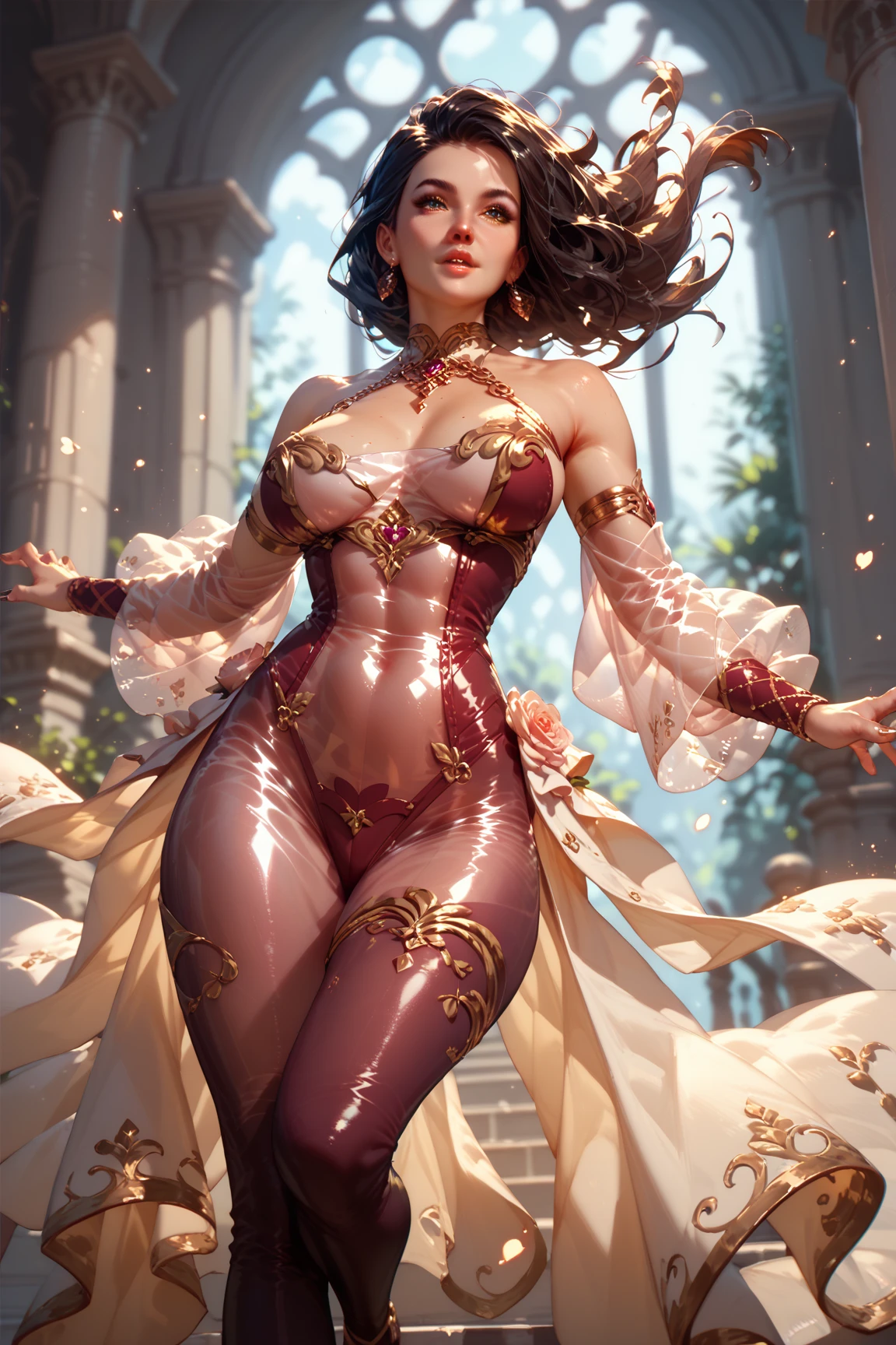 A beautiful woman with a perfect body, glowing translucent bodysuit, dynamic pose