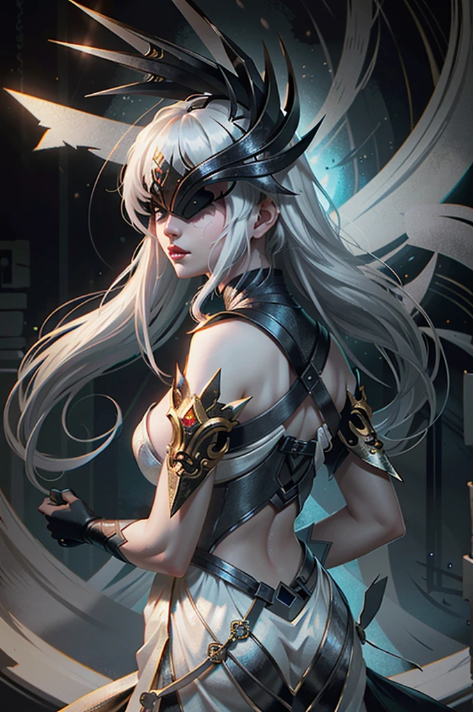 (masterpiece, best quality:1.3)
SmiteNox, 1girl, covered eyes, white hair, from behind high detail, digital painting, Pixiv, Artstation, High contrast, dramatic lighting, sharp focus