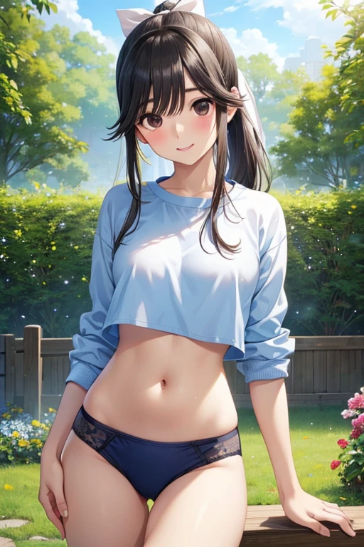 Takane Manaka、  shiny brown long hair、 ribbon ponytail、 Beautiful Brown Eyes 、smile、Sparkling Eyes, (fine grain)、 very detailed eyes、 very detailed face in light blue underwear,  very detailed eyes, masterpiece,  best quality,  high definition , ( best quality,masterpiece:1.2),Alone,Alone、 cowboy shot、nsfw、 



 one girl,,cute,,  medium chest,   Running, revealing cropped sportswear, belly button、morning, garden