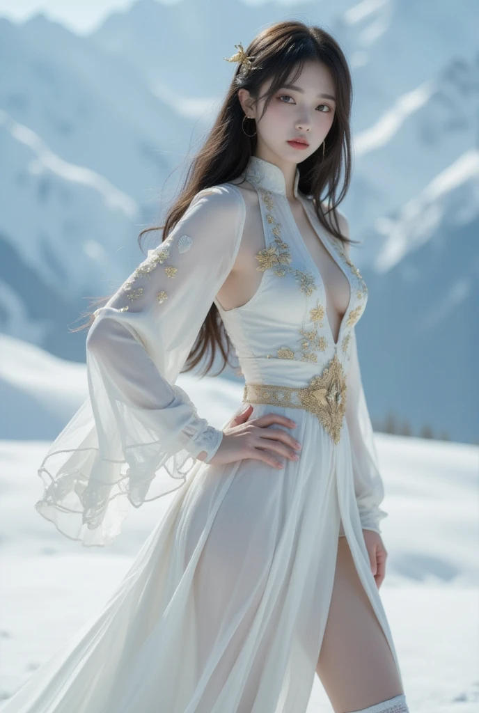 Classical Chinese beauty，Full body side shot，long leges，Thin leg，Big breasts Thin waist，breast enhancement，Long flowing hair，耳Nipple Ring，choker necklace，Bracelet，foot ring，The abdominal muscles are slight， worn out，(((gossamer，Looming breastes)))，(((Above the snowy mountains)))，Gusong，Flying birds，Clouds，tigre