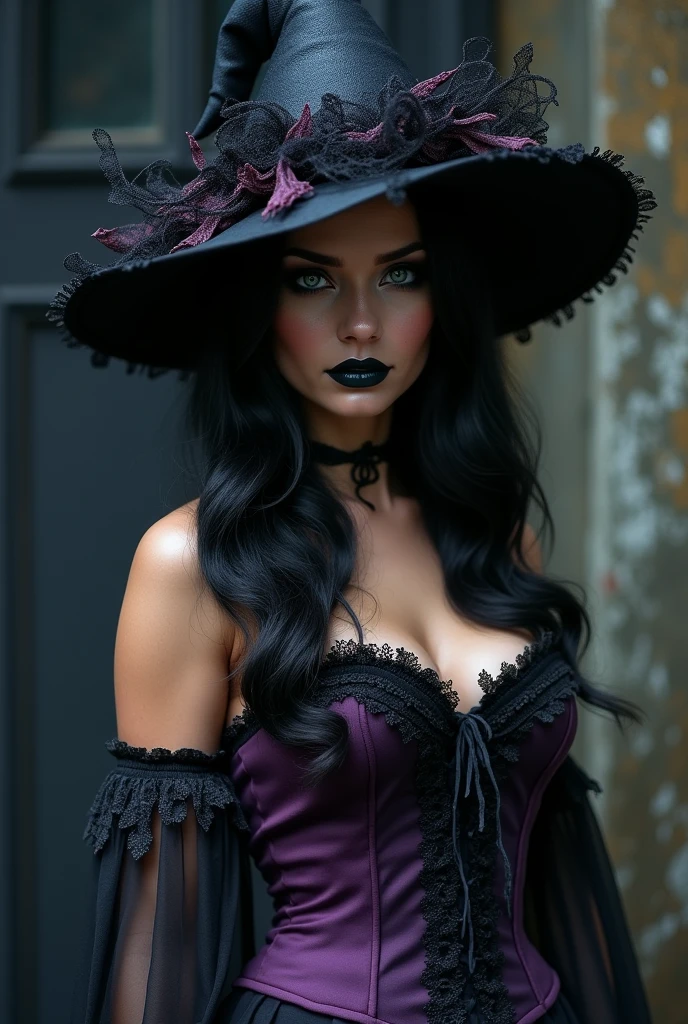 Long panoramic shot of a sexy and beautiful Halloween Witch, (((boca roja))), (((con cabello negro lacio))), (((ropa negra))), fotorealista, fotorealismo, unzoom, gorro completo, lineas perfectas, rostro realista, intrincado, Detallado, digital SLR camera , 8k UHD, negros profundos, , prominent mammary glands