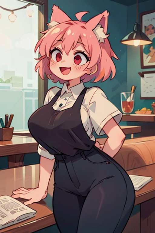 Pink hair, wolf ears, red eyes, big thighs and busty with black pants and a granca shirt in a restaurant as a waitress laughing