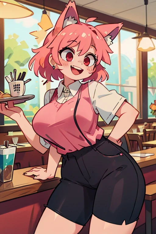 Pink hair, wolf ears, red eyes, big thighs and busty with black pants and a granca shirt in a restaurant as a waitress laughing