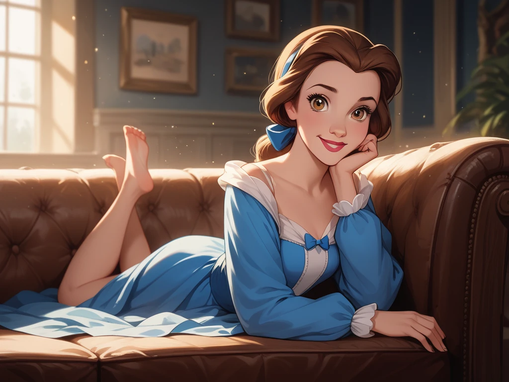 score_9, score_8_up, score_7_up, score_6_up, cinematic film still, 1girl, full view, BREAK (Disney's Belle, brown hair, hazel eyes, fair skin, barefoot, blue bow, ponytail:1.3), BREAK (elegant alcove :1.1), BREAK resting lying on her side in a big sofa in her alcove, showing her soles to the viewer, wearing blue dress, and white blouse with long sleeves, smiling looking at the viewer, BREAK (cinematic lighting:1.2),, shallow depth of field, vignette, highly detailed, high budget, BREAK bokeh, cinemascope, moody, epic, gorgeous, film grain, grainy.