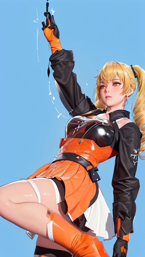 (（（figure，御姐figure,White and tender skin,（（（FenNib , long_sleeves_skirt, red_single_thighhigh, thigh_holster, elbow_gloves, strap, ）））,(（（twintails, Blonde_hair, orange_eyes,））),，((masterpiece)), highres icon,((Best quality at best)),masterpiece,quality,Best quality,(（（  looking at the audience， is open to the audience,Light in the eyes， blush，shy）））， huge ,Chiaroscuro, depth of field, cinematic lighting, motion blur, ray tracing, reflection light, drop shadow, speed lines）））