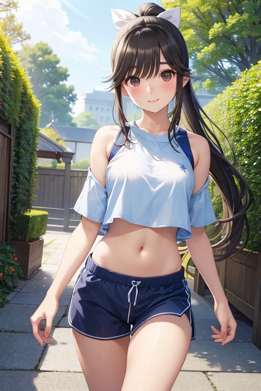 attractive woman in a park, exercise ball, meditative pose, transparent top, short shorts, flat abdomen, D-cup chest, split legs sitting, transparent clothes, wet clothes, blush face, embarased expression, highest quality、elementary school bra、beige shorts、cool look、sexy pose in the room、armpit sweat、grass、ecstasy face((table top)), (1 girl:2.0), (highly detailed face, smile) , (slender physique), (japanese girl), ((Athletics Club Member, Long-distance runner)), Slightly round face, (tanned brown face:1.6), cute, Big eyes