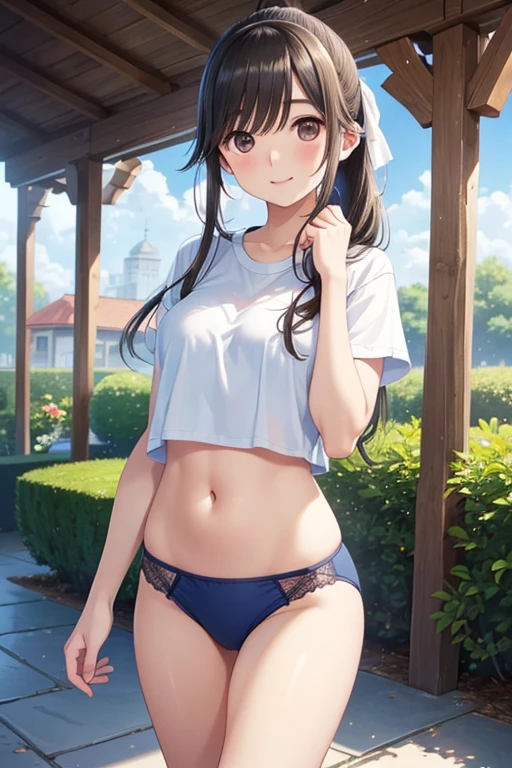 Takane Manaka、  shiny brown long hair、 ribbon ponytail、 Beautiful Brown Eyes 、smile、Sparkling Eyes, (fine grain)、 very detailed eyes、 very detailed face in light blue underwear,  very detailed eyes, masterpiece,  best quality,  high definition , ( best quality,masterpiece:1.2),Alone,Alone、 cowboy shot、



 one girl,,cute,,  medium chest,   Running, revealing cropped sportswear, belly button、morning, garden