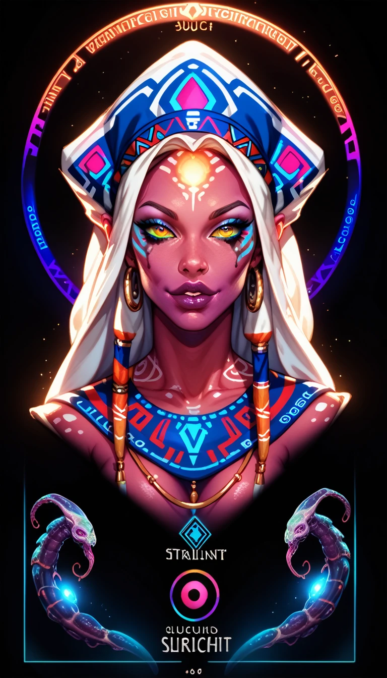 Ancient Extraterrestrial Creature, Alien Being, ((Non-Human)), Female seductive Alien, colorful skin, Revealing Glowing Biopunk, Holographic Alien Tribal, Tribal Alien Priestess, Glowing Makeup, Blacklight, Glowing, Seductive Alien Technology, Black Background, Character Design Sheet