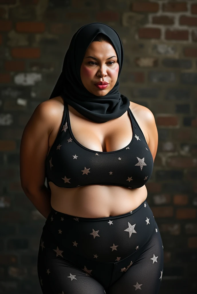 RAW photo,candid photograph, full body,photo of a beautiful,influencer,30yo Moroccan woman,black hijab, detailed skin, naked, looking at viewer, thick body structure,standing in the streets of Rotterdam at midnight,flash photo, candid pose,blue light, film grain, kodak color, instagram LUT