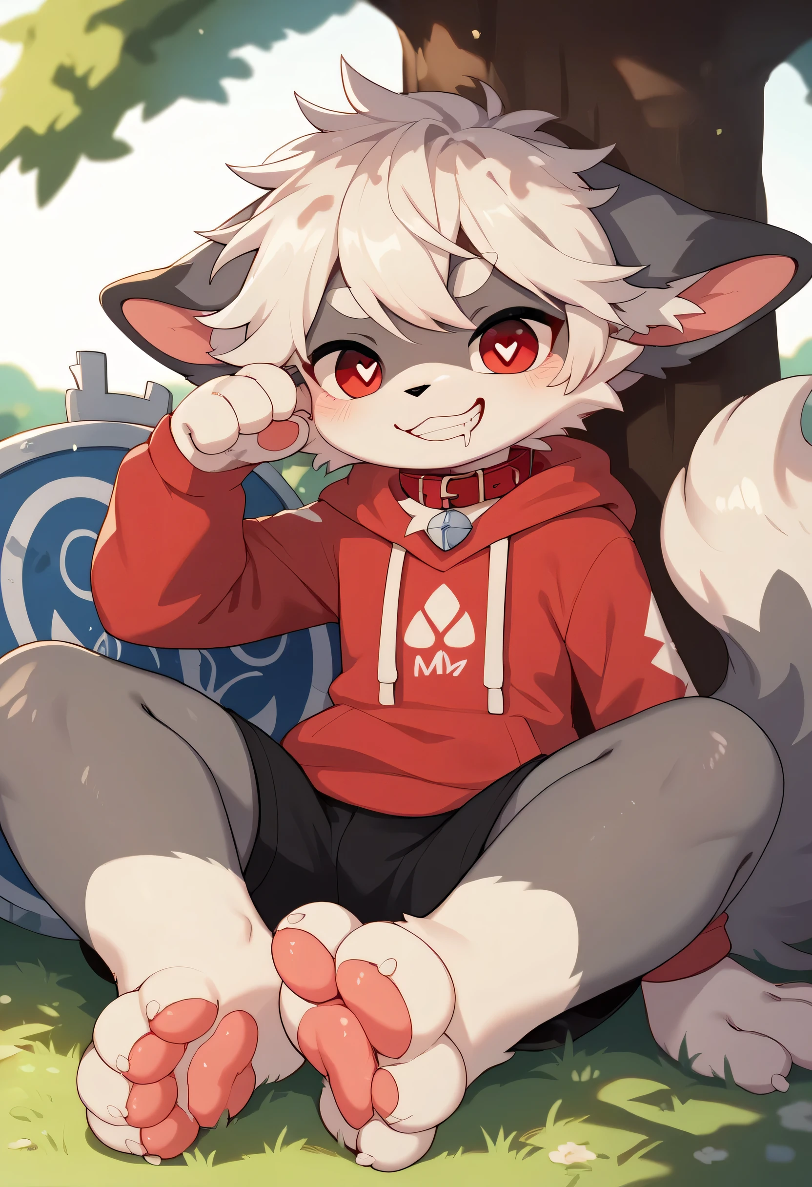  very detailed, very detailed, white hair with grey fur,Age 15,female,Heart Eyes,participate,Red collar, cute face, fluffy fur with a large shield,Horny boy ,White background,Droopy ears, blush nose ,Up in the tree,smile,Lick the soles of the feet ,grin,Show me paws, show the soles of the feet,sit,Red collar鳴き声,sleep,Estrus season,excited,Fur Boy, an uneasy face,brainwashing, drool , Black Shorts , sweatshirt , Long Sleeve ,Light blue trendy ,