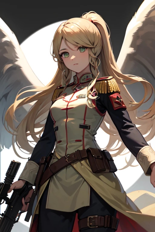 masterpiece, best quality, leanne, wings, soldier uniform, ponytail, warzone, holding a gun, Ak47, cowboy shot