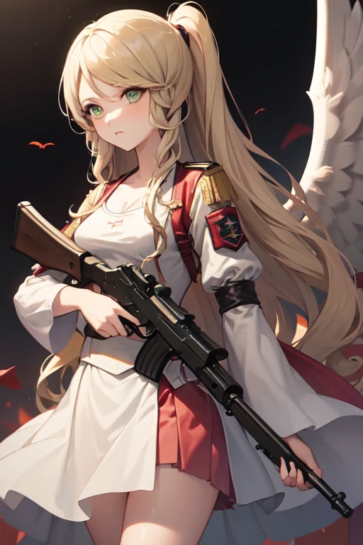 masterpiece, best quality, leanne, wings, soldier uniform, ponytail, warzone, holding a gun, Ak47, cowboy shot