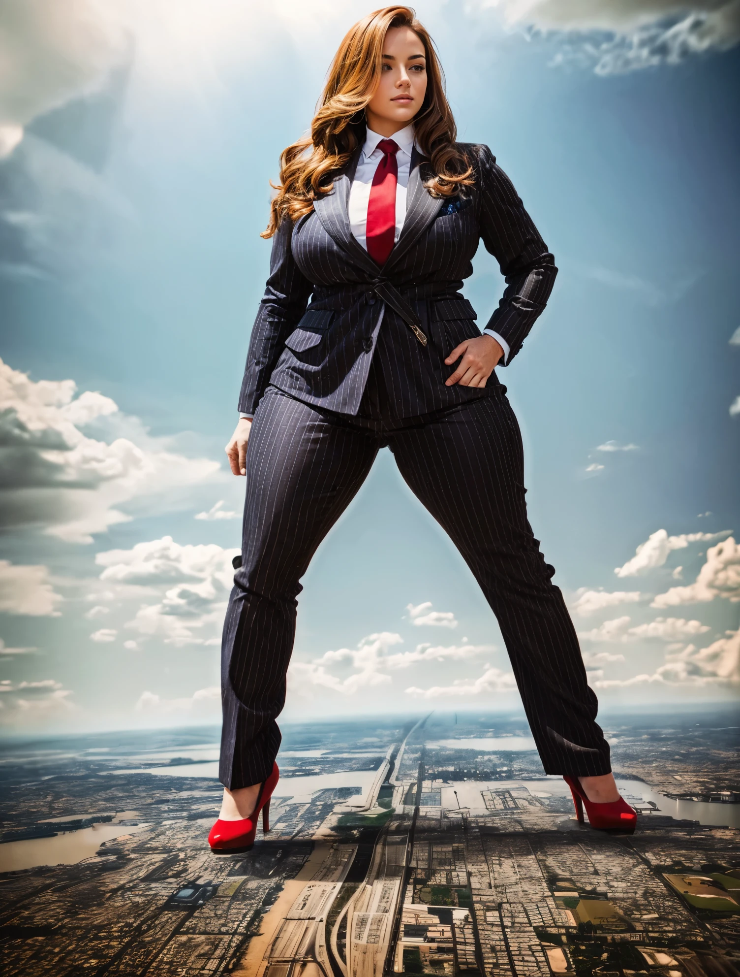 A sophisticated and stylish woman in a grey pinstriped trouser suit, white shirt, and a large wide necktie in a windsor knot, with a beautiful, curvaceous figure, massive breasts, and long ginger hair, with a curvaceous figure and massive breasts. wearing red rounded platform high heels with uncovered feet and standing, rampage-like pose, with a cityscape background of mega-city, urban sprawl, and small towns, partially obscured by a hazy, cloudy atmosphere. The image is a high-resolution, masterpiece-quality, cinematic, ultra-detailed, and hyper-photorealistic photograph, with perfect hands, face, and lighting. ultra-detailed, 8K, photo-realistic, hyper-realistic, masterpiece, intricate details, full body view. Looking at camera, The image is a high-resolution, masterpiece-quality, cinematic, ultra-detailed, and hyper-photorealistic photograph, with perfect hands, face, and lighting. ultra-detailed, 8K, photo-realistic, hyper-realistic, masterpiece, intricate details, full body view