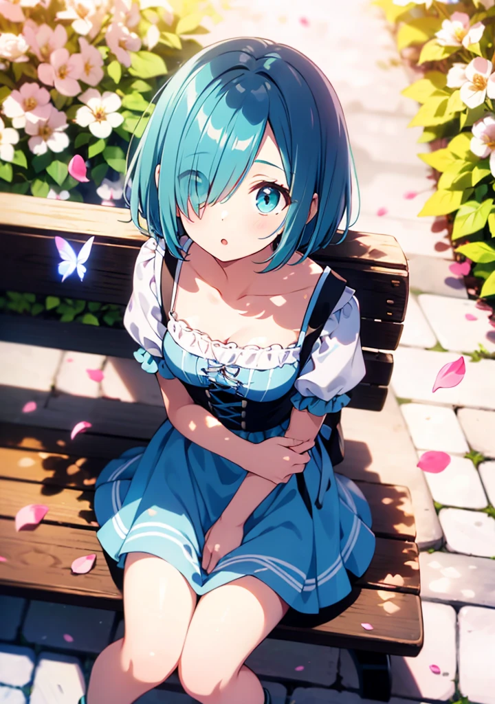 ((solo:1.2)),nude, nipslip, armpit exposed, cute girl sitting on bench in garden,frilled dirndl,from above,looking up,cobblestone pavement,aqua hair,fine bob cut,(hair over one eye),(dappled sunlight:1.2),blurry,(depth of field:1.1),head tilt,:o,(petals),tree,butterfly, armpit exposed, the shirts is ripped of breasts and genital area