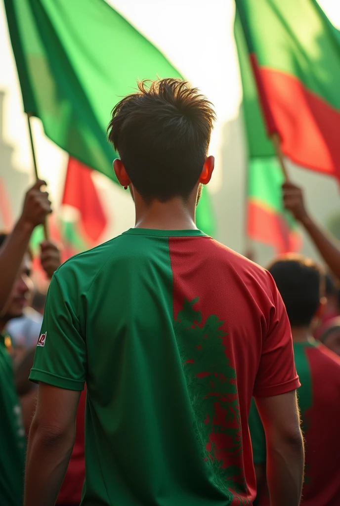 A17 — year - boy wearing the back of the Algerian flag on the back. He wears an Algeria shirt. The shirt says 1 2 3 viva algerie in English, and the face and eyes are covered with a red, green and white cloth.