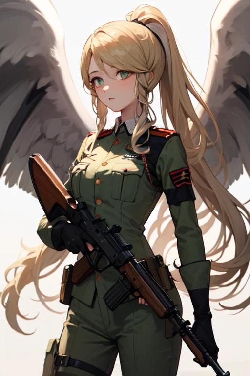 masterpiece, best quality, leanne, wings, soldier uniform, ponytail, warzone, holding a gun, Ak47, cowboy shot, dirty, shooting