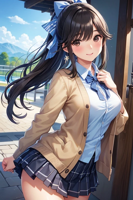 Masterpiece ,best quality , high resolution , (1 girl solo:1.38) , (yukino yukinoshita, black hair, blue eyes, long hair, ahoge) , (cleavage:1.2) , (medium breast:1.28) , (blazer, cardigan, jacket, plaid skirt, school uniform, skirt, high school uniform) , (face view , front view , look at view) , ( windows , outdoor , school , grass , bench , tree ) , (standing , thighs ) , (cowboy_shot) , ( smile , open mouth , full face blush , shy )