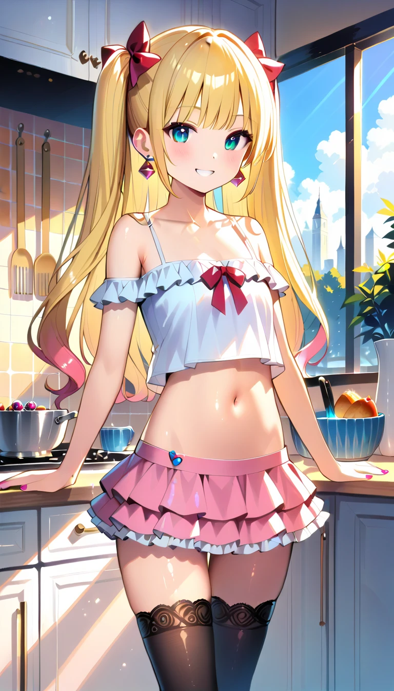 4K,  best quality ,  Details,  Details scenery,  Details eyes,  1 girl, cute, Adorable,  twin tails, Long Hair, Blonde,  clevis, smile,  looking at the camera, ,  standing, ( contrast post:1.2), ( puts his hand on his lower back:1.2), morning, daylight,  thigh to head, break (Pink and white theme:1.5), (Tweed Pink Strapless Short Camisole Lace Up:1.4), ((bare shoulder, belly button, Bare Belly):1.3), ( ruffles in the kitchenショルダーストラップ:1.4), ( Tweed Micro Pink Tiered Skirt （ ruffles in the kitchen）:1.4), (Bell Earrings:1.2), ((((((( Ultra Micro Miniskirt))))))),(( Black Thigh High Socks )),(( absolute domain))