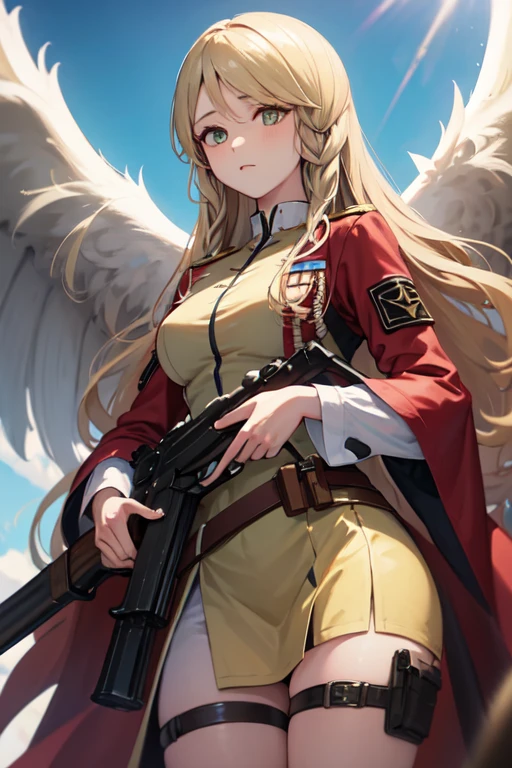 masterpiece, best quality, leanne, wings, soldier uniform, warzone, holding a gun, Ak47, cowboy shot, dirty, shooting