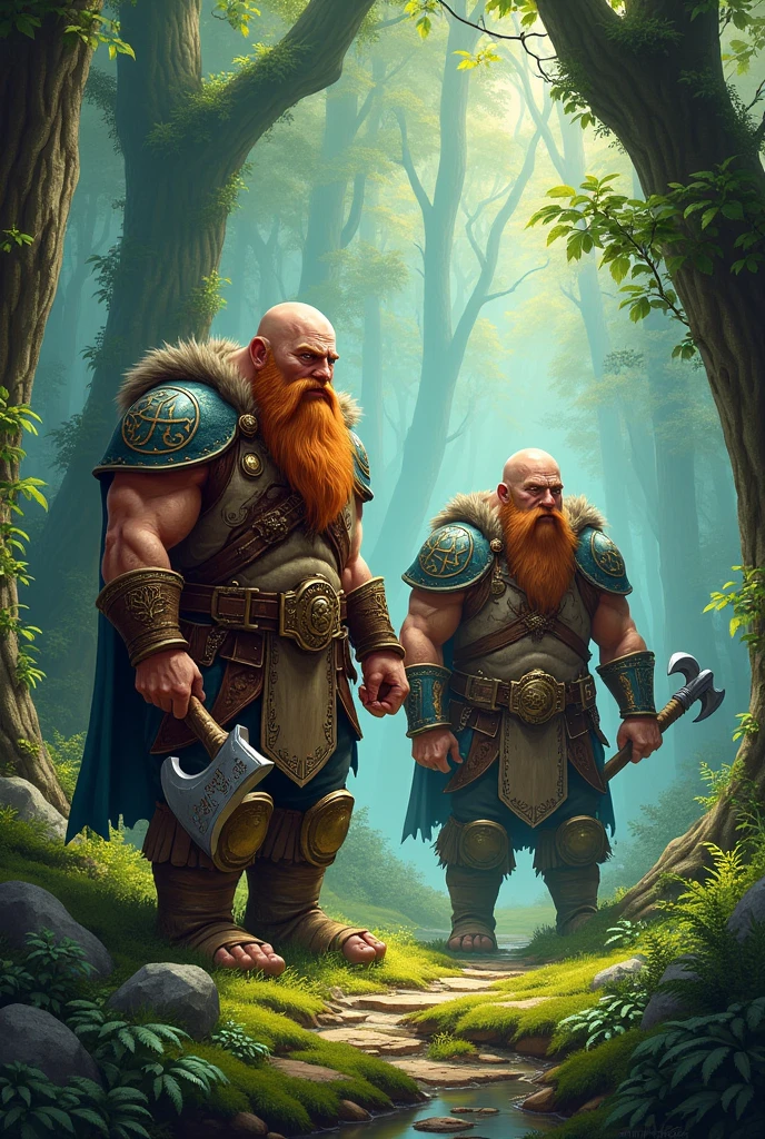 Two ogres talking in the forest. One ogre is young and blond and the other is older