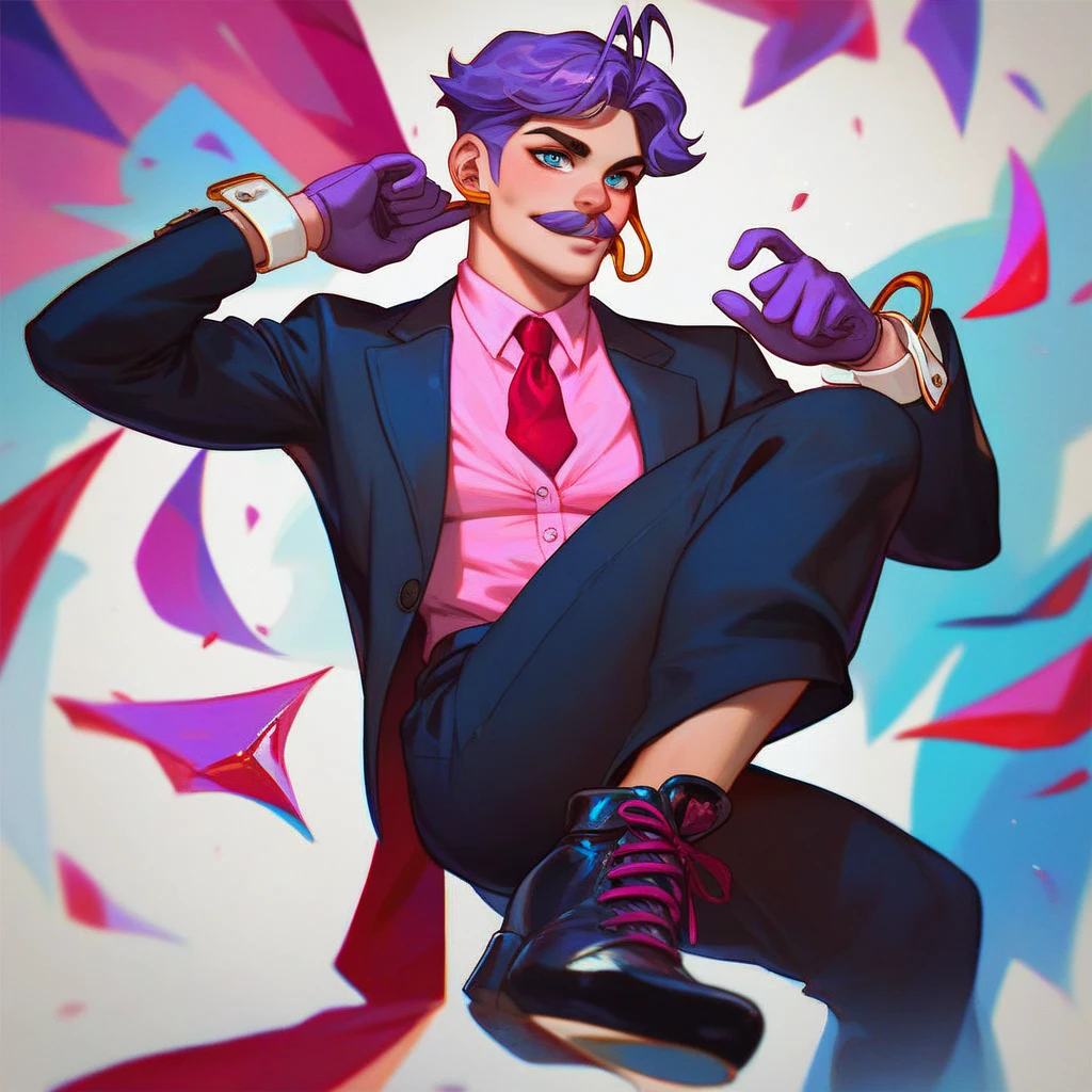 full view from haltmann, face view, purple hair, purple mustache, arms, wearing a dark blue suit with pink vertical lining, pink shirt, red tie, black shoes, gold suit button with a red diamond, pale purple gloves, pink cuffs, pale purple skin, blue eyes, golden earpiece with antenna