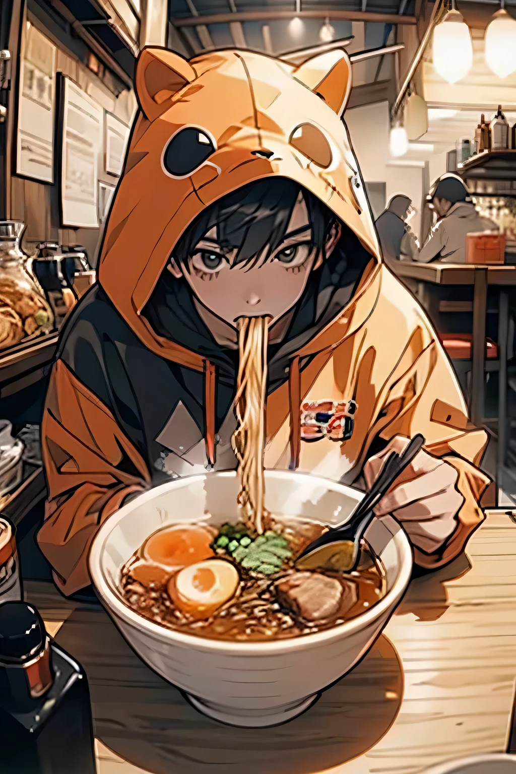 4K, High quality, Boy Eating Ramen, Perspective, Hand holding chopsticks, Clear hands, Good hands,Food Hoodie,