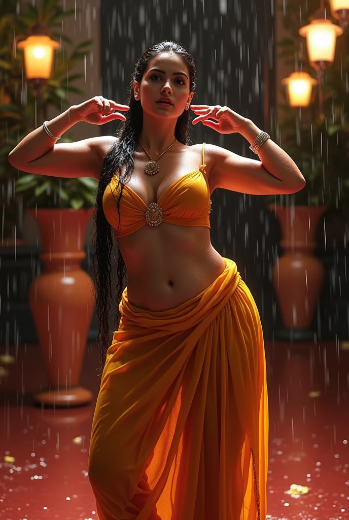 (((FULL BODY))) (((SHOW LEGS, FEET))). (((FULLY CLOTHED))) (((FULL COLOR))) (YOUNG) (28-year-old) (Extremely Beautiful Smiling Sweaty Indian woman dancing with one tiger in a tropical palace garden ), long straight sandy black updo hair, red lips, in a sexy low cut lace, ((short)), Wear a dress made of colourful strings of light, (((8K, Ultra High Definition, Intricate details, hyper-realistic photo)))
