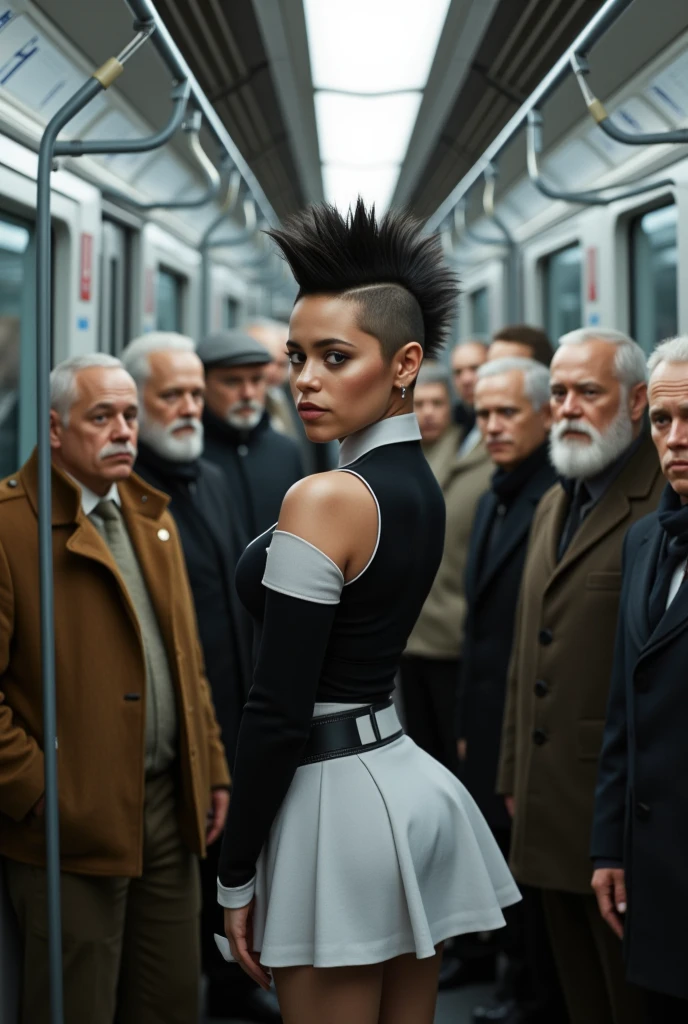 j3nnaort3ga:1.4,1 woman in black maid outfit with white skirt, white stockings, and tight corsets, showcasing immense curves, Mohawk hairstyle, extremely beautiful. Surrounded by elderly gentlemen who are admiring her. She playfully begins to show off, enjoying the attention. She's facing the viewer, smiling happily, in a futuristic subway setting. photorealistic style, a masterpiece, highest resolution, quality, detail, sharply focused, professional image
