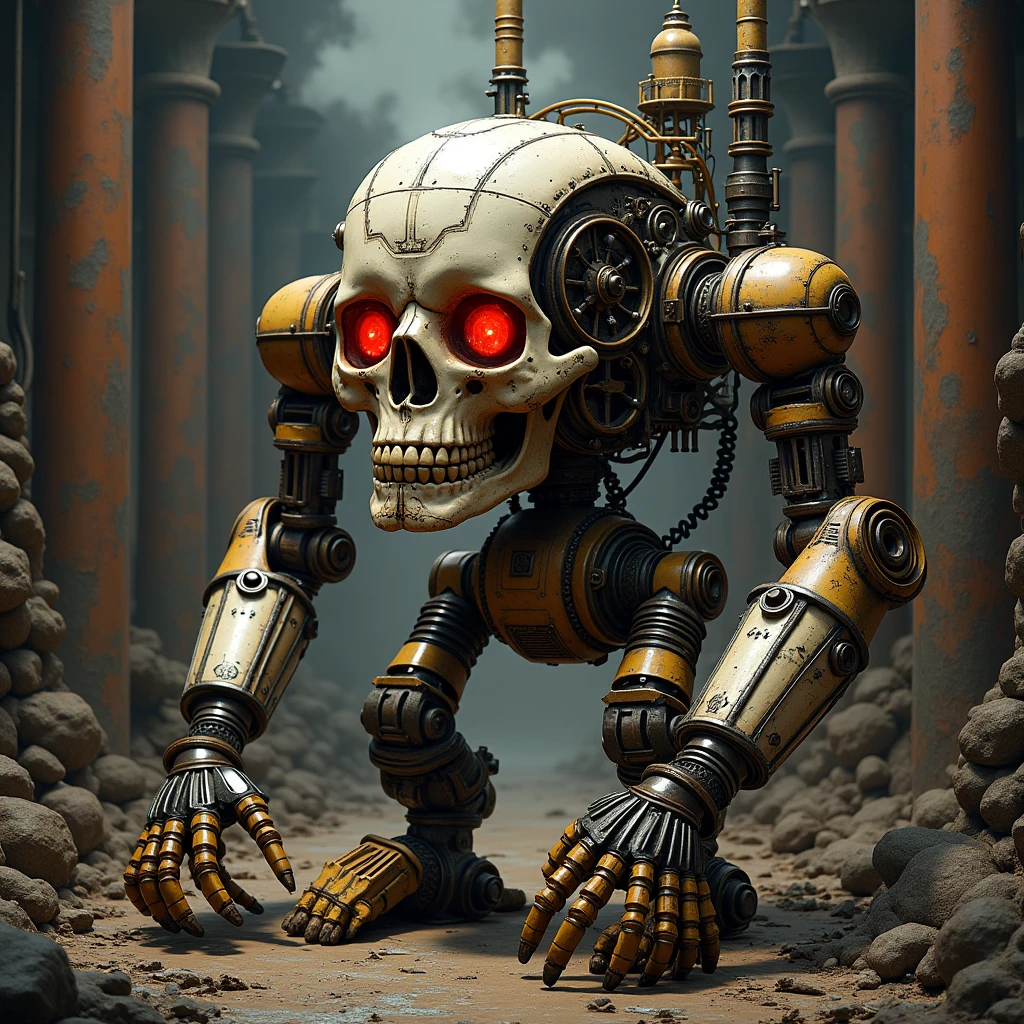 Create a steampunk style machine , it looks like a human skull but made of metal , in your eyes there are glass windows shining in red , the machine has 8 mechanical arms , its entire structure is steampunk style , a machine that is powered by coal and steam , make it have pipes in its back that release smoke and flames as if it were a living factory , your arms are messing with scrap and it seems to be assembling something Another machine , its environment is an interior of a giant factory that is illuminated by the flames that come out of the pipes, it has belts With more and more pieces for the Skull to use , it seems that he is creating steampunk armor in mountains , the machine seems to have several tools on each arm to use for its maintenance , like electric saw , Knives, lasers, magnifying glasses etc , to be in a comic book art style .