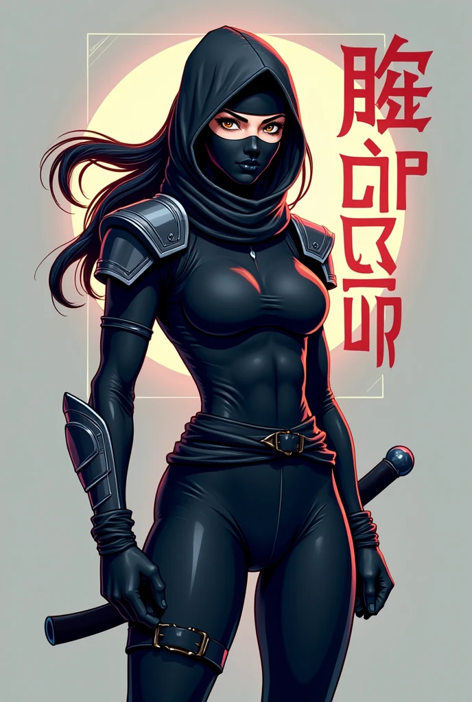 3D, realistic ninja girl,half face mask,human,sharp,high quality,high res, beautiful girl,black ninja suit with green,gold designs,long black hair:1.4 with streaks of striking red:0.4