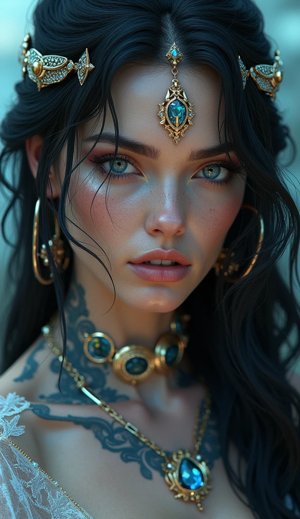 (high-res, vibrant colors, photorealistic), mesmerizing cyberpunk dark fantasy, Medusa in all her sinister beauty, with six serpent arms gracefully intertwined. Her radiant eyes, hypnotic and piercing, capture the essence of a demonic queen. The details of her face, meticulously crafted, reveal every delicate scale and unique pattern. The atmosphere surrounding her is filled with an otherworldly aura, bathed in a mix of neon lights and shadows. The backdrop resembles a movie scene, with hints of an ominous underworld. This portrait presents a close-up shot, focusing on the captivating visage of the goddess, portraying her as a captivating and formidable presence in the realms of darkness.