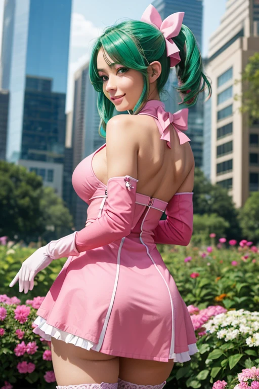 ( masterpiece ),  The best quality, ((( ultra detailed, 8K quality))),  expressive eyes ,  perfect face ,  perfect anatomy,neckline, perfect body , Very big breasts,Scene, haruka hanabishi, collections, ( green eyes:1.3),  Pink hair, smile,  garden, Wariza,  medium high , very large hips ,  big thighs , Gloves, dress, bow, magical girl, pink Gloves,In skyscrapers with your back showing your buttocks..