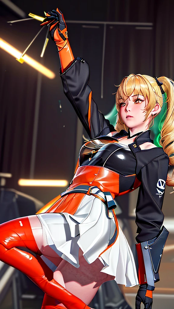 (（（figure，御姐figure,White and tender skin,（（（FenNib , long_sleeves_skirt, red_single_thighhigh, thigh_holster, elbow_gloves, strap, ）））,(（（twintails, Blonde_hair, orange_eyes,））),，((masterpiece)), highres icon,((Best quality at best)),masterpiece,quality,Best quality,(（（  looking at the audience， is open to the audience,Light in the eyes， blush，shy）））， huge ,Chiaroscuro, depth of field, cinematic lighting, motion blur, ray tracing, reflection light, drop shadow, speed lines）））