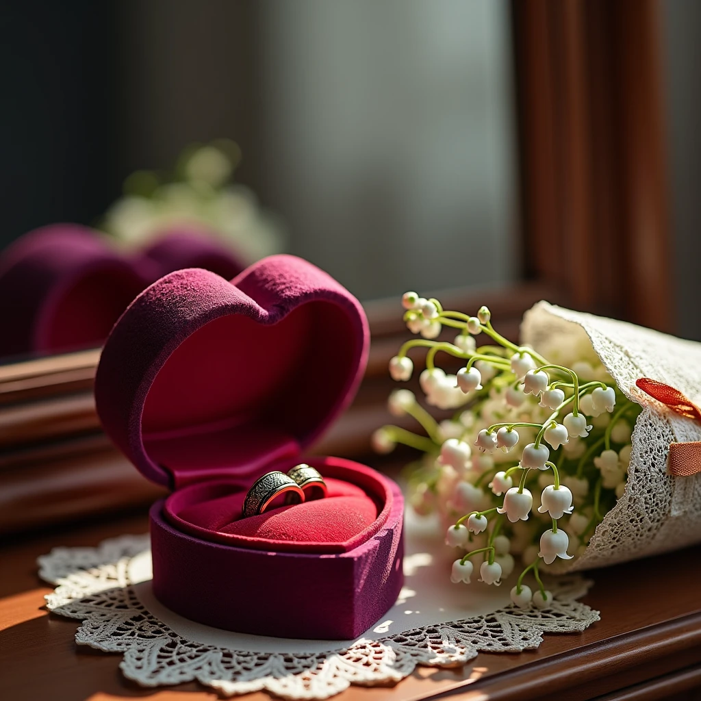  Beautiful Red and Purple Heart-shaped Box ,  Open Standing on the dresser near the Beautiful Man's mirror with Patterns in the box there are two rings with painted patterns beautiful ,  There is a bouquet of flowers Very Fresh and Beautiful Lilies of the Valley next to the box in a beautiful white lace wrapper very beautiful with golden thread and a small red bow tied bouquet, Light falls well on the Box and Bouquet ,  Very Beautiful Picture , 8 k, masterpiece,  better quality,  Complex Details , bright colors, 